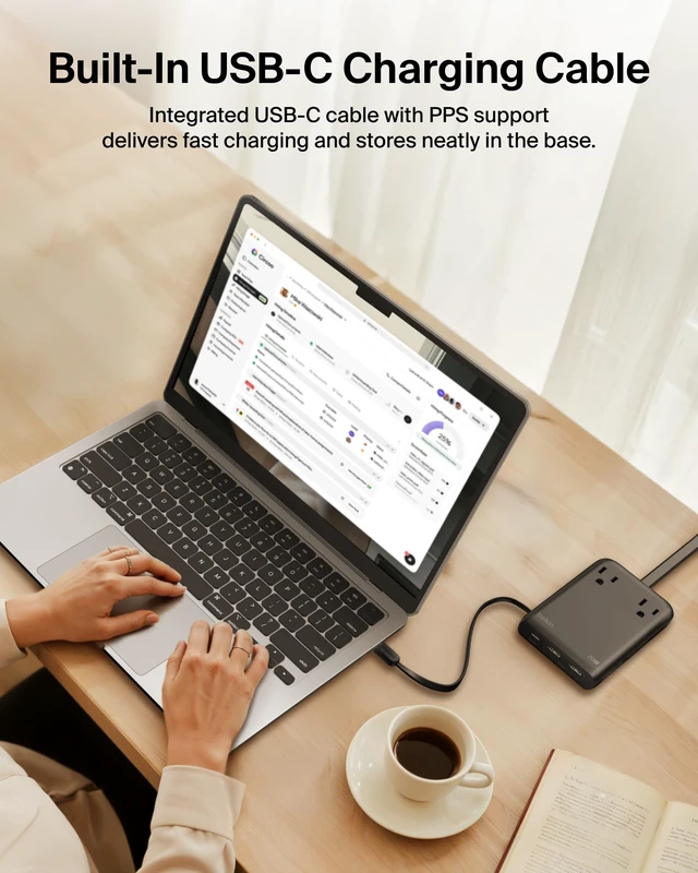 Alt view image 4 of 7 - Charging Station Power Strip Dual USB-C Charger 2 AC 2 USB-A 70W GaN Integrated USB-C cable, travel-friendly design, compact GaN charger, iPhone, Apple Watch, iPad, MacBook, Chromebook