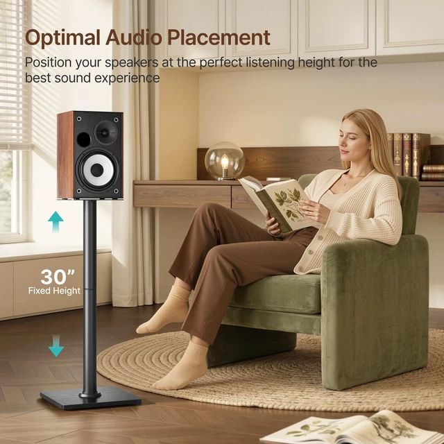 Alt view image 2 of 7 - Speaker Stands Pair, 30" Fixed Height, 55lbs Weight Capacity,Wooden Base 55lbs Weight Capacity, 11.8" Base, Cable Management, Freestanding Speaker Floor Stand for Surround Sound,Wooden Base