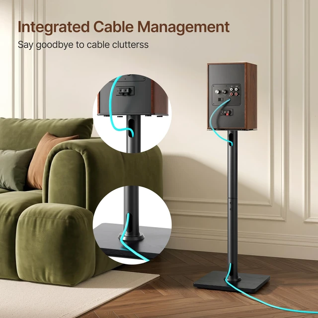 Alt view image 6 of 7 - Speaker Stands Pair, 30" Fixed Height, 55lbs Weight Capacity,Wooden Base 55lbs Weight Capacity, 11.8" Base, Cable Management, Freestanding Speaker Floor Stand for Surround Sound,Wooden Base