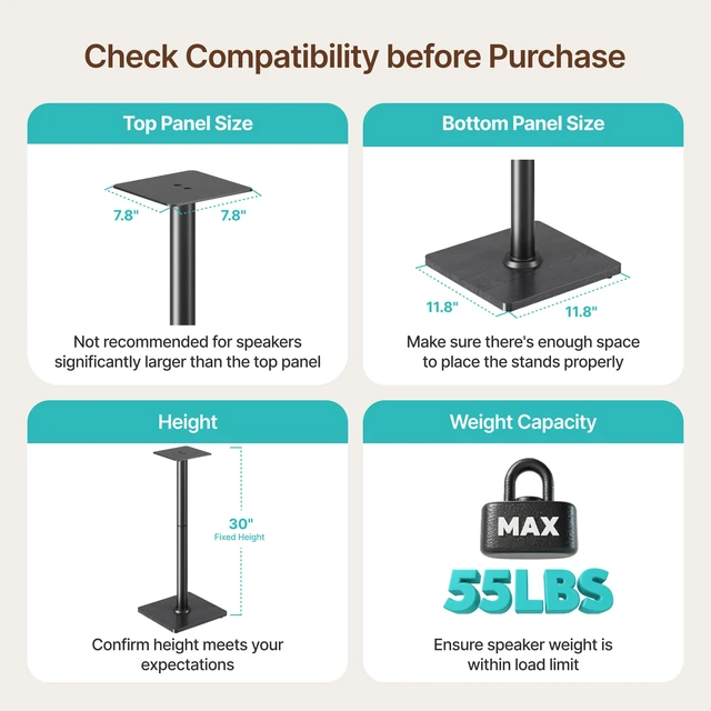 Alt view image 7 of 7 - Speaker Stands Pair, 30" Fixed Height, 55lbs Weight Capacity,Wooden Base 55lbs Weight Capacity, 11.8" Base, Cable Management, Freestanding Speaker Floor Stand for Surround Sound,Wooden Base