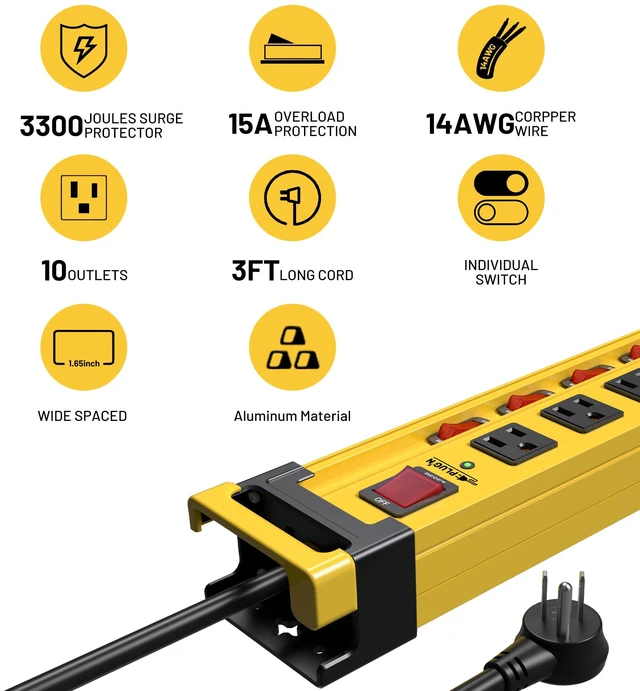 Alt view image 3 of 6 - 10 Outlet 3300J Surge Protector Power Strip with Individual Switches,Heavy Duty Power Strip with Cord Manager,9FT/14AWG/15AMP/1875W Power Cord,2 Packs