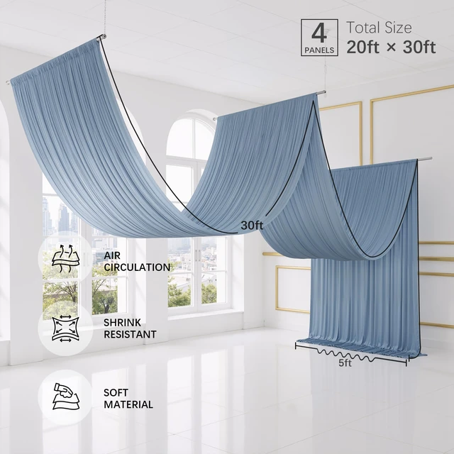 Alt view image 6 of 7 - 4 Panels 5ftx30ft Dusty Blue Ceiling Drapes for Wedding 30 FT Extra Long Thick Polyester Wrinkle-Free Drapery Tent Decor Decorations for Birthday Ceremony Stage Swag