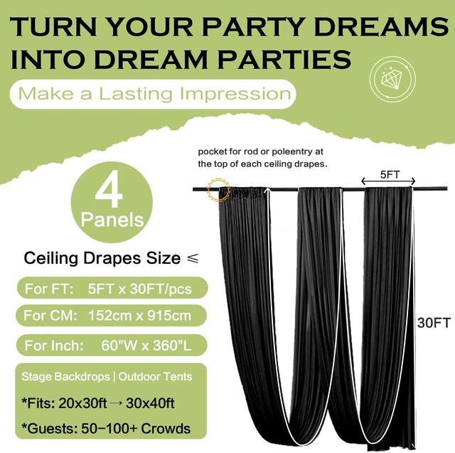 Alt view image 6 of 7 - 4 Panels 5ftx30ft Black Ceiling Drapes for Wedding Parties 30 FT Extra Long Thick Polyester Wrinkle-Free Drapery Tent Decor Decorations for Birthday Ceremony Stage Swag