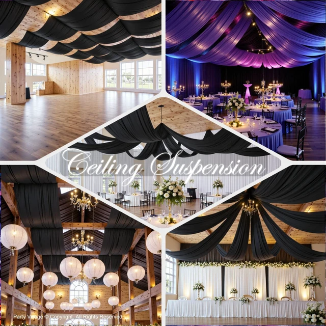 Alt view image 4 of 7 - 4 Panels 5ft(W) x 20ft(H) Black Ceiling Drapes for Wedding Parties 20 FT Extra Long Thick Polyester Wrinkle-Free Drapery Tent Decor Decorations for Birthday Ceremony Stage Swag