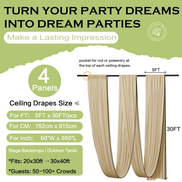Alt view image 6 of 7 - 20ftx30ft Camel Khaki Ceiling Curtain for Wedding Parties 4 Panels Wrinkle-Free 30 FT Long Tent Draping Curtains for Wedding, Birthday & Theme Parties, 30ft Height with Rod Pocket