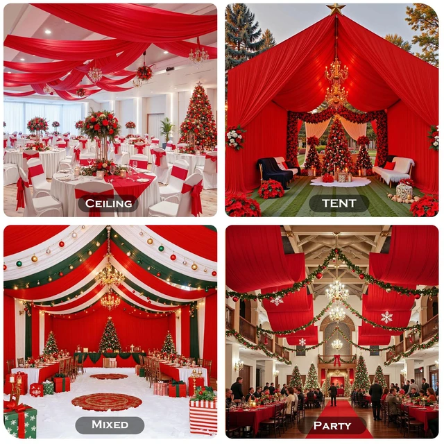 Alt view image 3 of 7 - 4 Panels 5ft(W) x 20ft(H) Red Ceiling Drapes for Wedding Parties 20 FT Extra Long Thick Polyester Wrinkle-Free Drapery Tent Decor Decorations for Birthday Ceremony Stage Swag