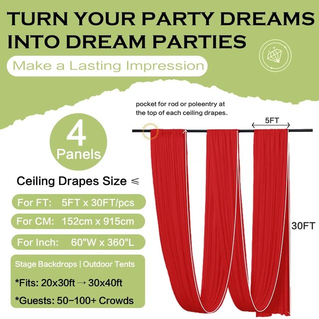 Alt view image 6 of 7 - 4 Panels 5ftx30ft Red Ceiling Drapes for Wedding Parties 30 FT Extra Long Thick Polyester Wrinkle-Free Drapery Tent Decor Decorations for Birthday Ceremony Stage Swag