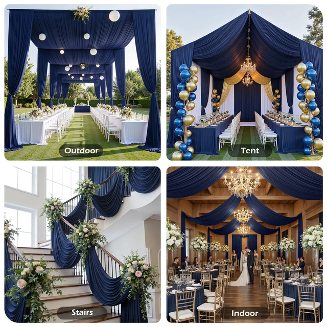 Alt view image 4 of 7 - 4 Panels 5ft(W) x 20ft(H) Navy Blue Ceiling Drapes for Wedding Parties 20 FT Extra Long Thick Polyester Wrinkle-Free Drapery Tent Decor Decorations for Birthday Ceremony Stage Swag