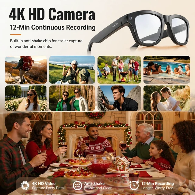 Alt view image 2 of 7 - AI Smart Glasses with 8MP 4K Camera Glasses, 2026 1200P Video Recording Glasses for Women & Men, 139 Languages Real-Time Translation, Voice Assistant, Open-Ear Audio for Travel, Meetings & Vlogging