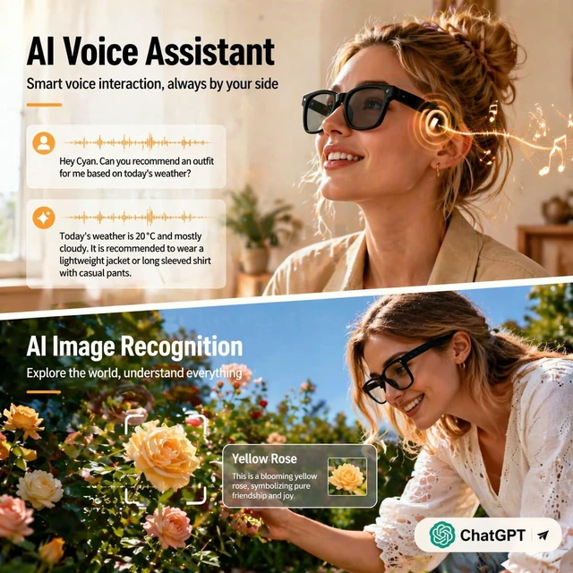Alt view image 3 of 7 - AI Smart Glasses with 8MP 4K Camera Glasses, 2026 1200P Video Recording Glasses for Women & Men, 139 Languages Real-Time Translation, Voice Assistant, Open-Ear Audio for Travel, Meetings & Vlogging