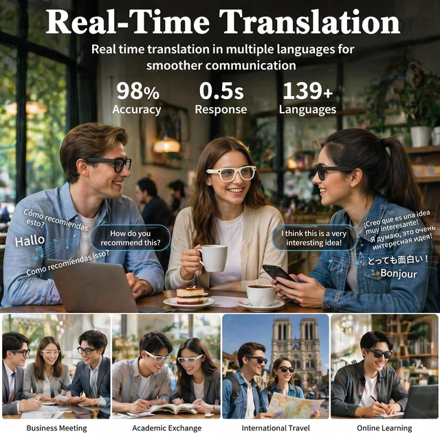 Alt view image 4 of 7 - AI Smart Glasses with 8MP 4K Camera Glasses, 2026 1200P Video Recording Glasses for Women & Men, 139 Languages Real-Time Translation, Voice Assistant, Open-Ear Audio for Travel, Meetings & Vlogging