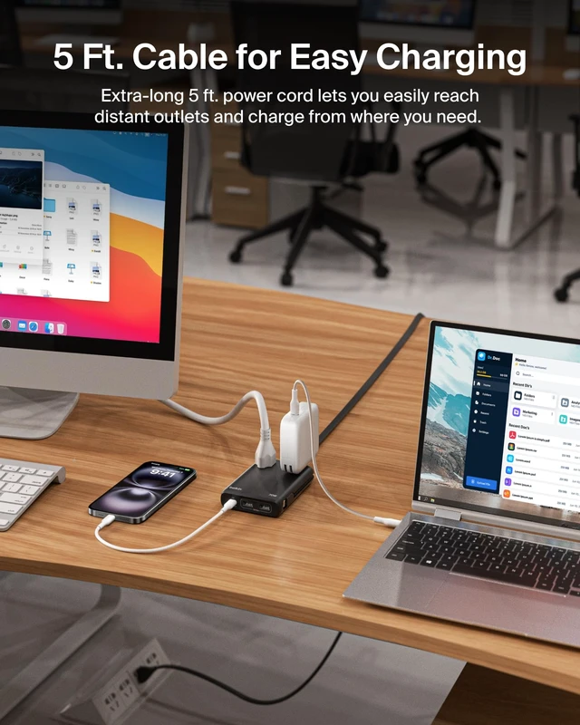 Alt view image 5 of 7 - Charging Station Power Strip Dual USB-C Charger 2 AC 2 USB-A 70W GaN Integrated USB-C cable, travel-friendly design, compact GaN charger, iPhone, Apple Watch, iPad, MacBook, Chromebook