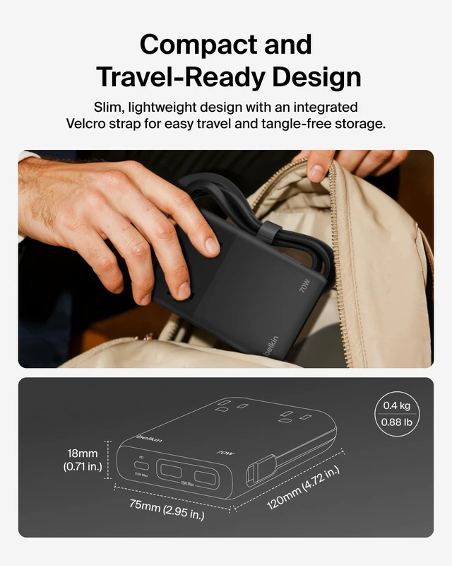 Alt view image 6 of 7 - Charging Station Power Strip Dual USB-C Charger 2 AC 2 USB-A 70W GaN Integrated USB-C cable, travel-friendly design, compact GaN charger, iPhone, Apple Watch, iPad, MacBook, Chromebook