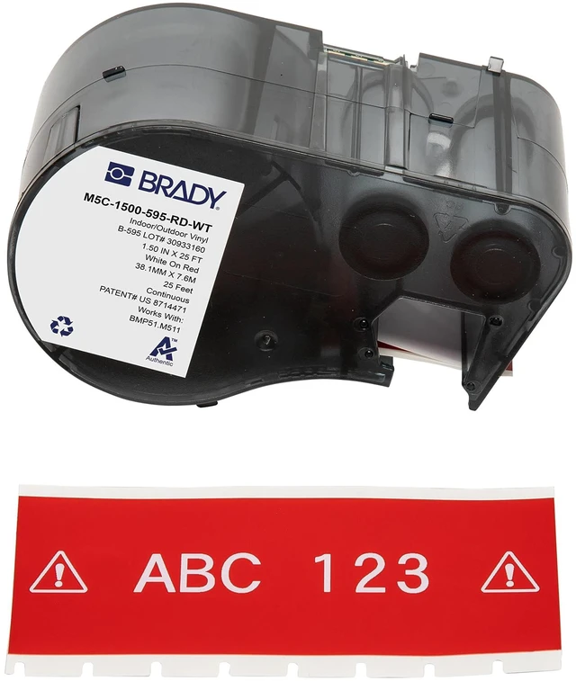 Main image of Authentic (M5C-1500-595-RD-WT) All-Weather Vinyl Labels 1.5 in W x 25ft White on Red. for use with BMP51, M510, and M511 Label Printers