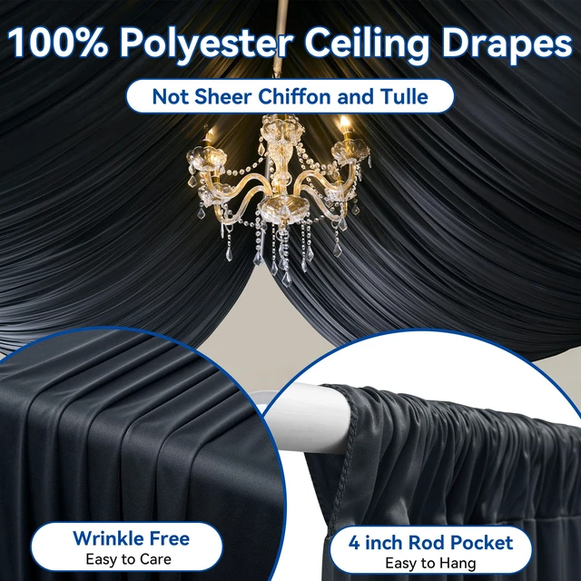 Alt view image 3 of 7 - 30ft×20ft Black Ceiling Drapes for Weddings Parties,6 Panels 5×20ft Long Ceiling Curtain for Tent Canopy,Wrinkle Free Silk Easy to Draping&Hang Black Drapes for Event Church Stage Photo Bedroom