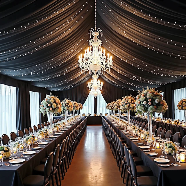 Alt view image 4 of 7 - 30ft×20ft Black Ceiling Drapes for Weddings Parties,6 Panels 5×20ft Long Ceiling Curtain for Tent Canopy,Wrinkle Free Silk Easy to Draping&Hang Black Drapes for Event Church Stage Photo Bedroom
