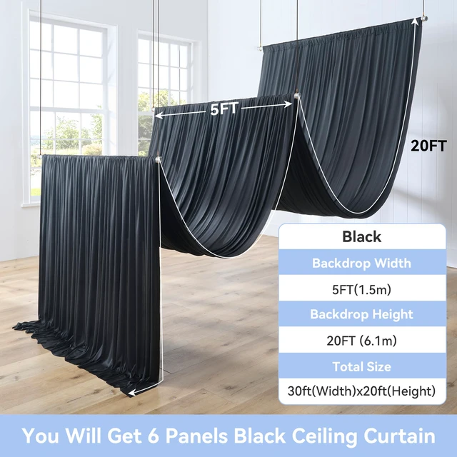 Alt view image 5 of 7 - 30ft×20ft Black Ceiling Drapes for Weddings Parties,6 Panels 5×20ft Long Ceiling Curtain for Tent Canopy,Wrinkle Free Silk Easy to Draping&Hang Black Drapes for Event Church Stage Photo Bedroom