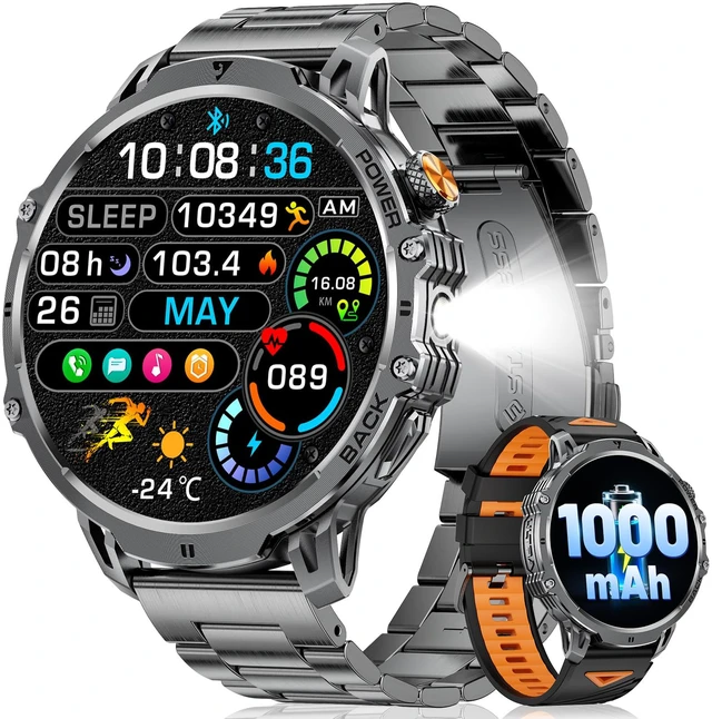 Main image of Military Smart Watches for Men(2 Bands), 1000mAh/1.85" HD Large Screen Flashlight/110+ Sports Modes/IP68 Waterproof/Sleep Monitor Smartwatch, Fitness Tracker Watch for Android iOS,Matte Black