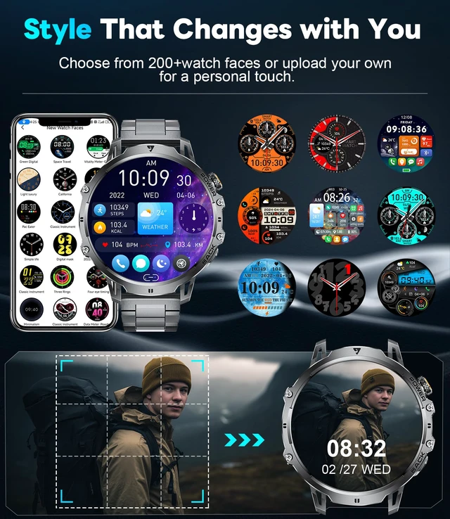 Alt view image 7 of 7 - Military Smart Watches for Men(2 Bands), 1000mAh/1.85" HD Large Screen Flashlight/110+ Sports Modes/IP68 Waterproof/Sleep Monitor Smartwatch, Fitness Tracker Watch for Android iOS,Matte Black
