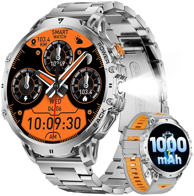 Main image of Military Smart Watches for Men(2 Bands),1000mAh/1.85" HD Large Screen Smartwatch, Flashlight/110+ Sports Modes/IP68 Waterproof/Sleep Monitor, Fitness Tracker Watch for iOS Android,Silver