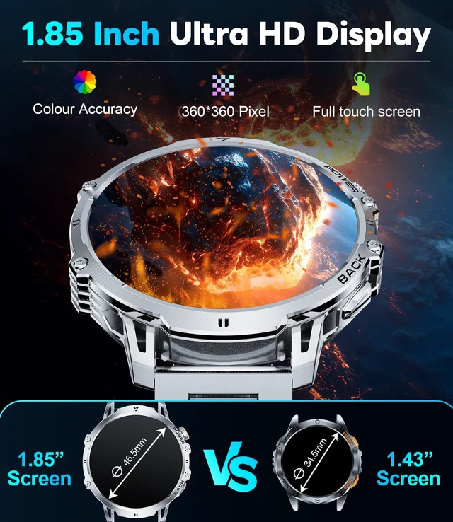 Alt view image 3 of 7 - Military Smart Watches for Men(2 Bands),1000mAh/1.85" HD Large Screen Smartwatch, Flashlight/110+ Sports Modes/IP68 Waterproof/Sleep Monitor, Fitness Tracker Watch for iOS Android,Silver