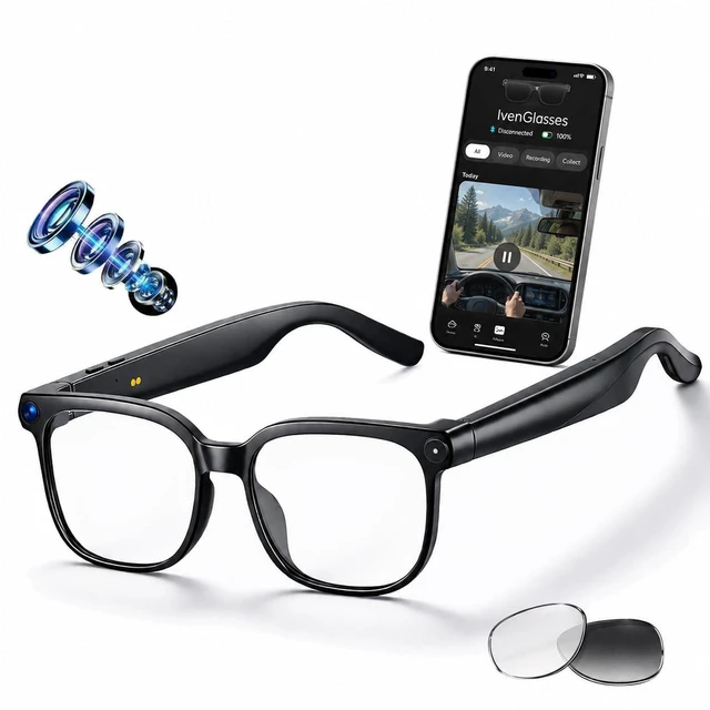 Main image of AI Smart Glasses with Camera, 8MP HD Video Recording Glasses, 1200P 30FPS EIS, Voice Assistant, Real-Time Translation, Open-Ear Bluetooth Audio, Clear & Photochromic Lenses, lente con camara