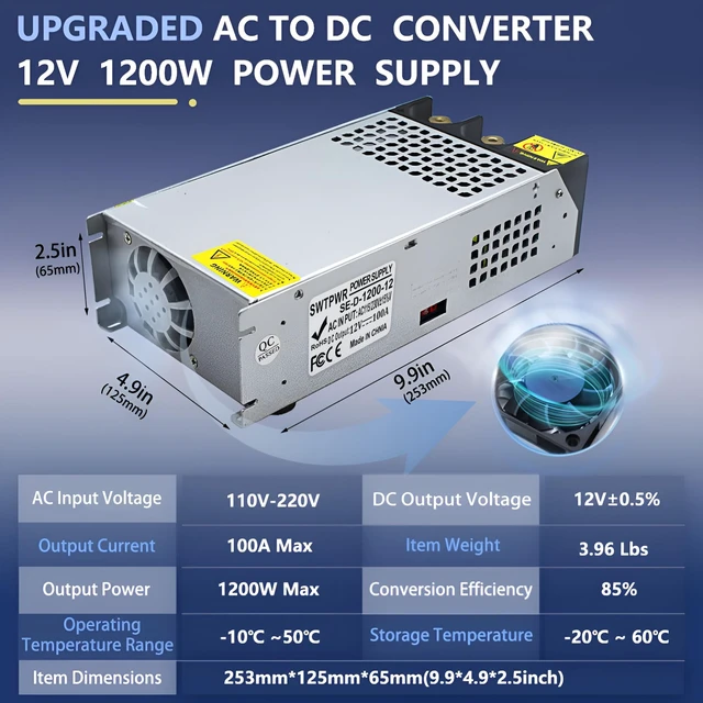 Alt view image 2 of 7 - 110V AC to DC 12V Converter 120V to 12V 100A 1200W Power Supply 100A 1200W Switching Power Supply for LED Strip Motor Pump CCTV Camera System Car Stereo 3D Printer