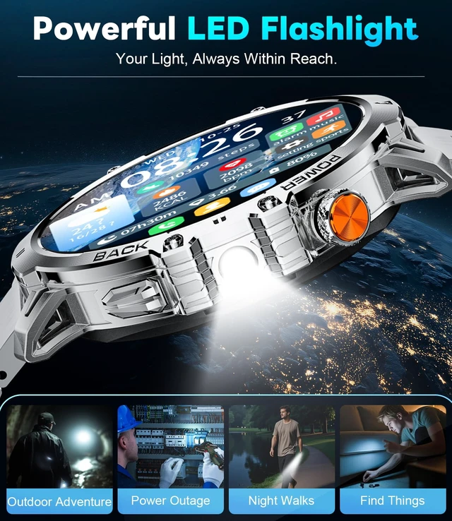 Alt view image 4 of 7 - Military Smart Watches for Men(2 Bands),1000mAh/1.85" HD Large Screen Smartwatch, Flashlight/110+ Sports Modes/IP68 Waterproof/Sleep Monitor, Fitness Tracker Watch for iOS Android,Silver