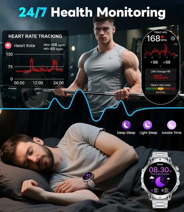 Alt view image 6 of 7 - Military Smart Watches for Men(2 Bands),1000mAh/1.85" HD Large Screen Smartwatch, Flashlight/110+ Sports Modes/IP68 Waterproof/Sleep Monitor, Fitness Tracker Watch for iOS Android,Silver