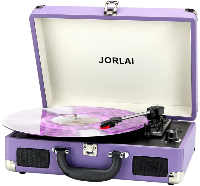 Main image of Record Player 3 Speed Vinyl with Bluetooth Vintage Turntable Built in Battery Portable Suitcase Support Aux in RCA Line Out Headphone Jack Purple