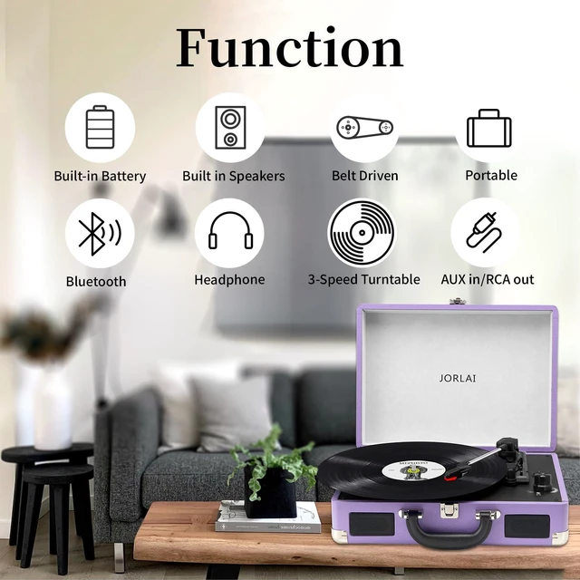 Alt view image 2 of 7 - Record Player 3 Speed Vinyl with Bluetooth Vintage Turntable Built in Battery Portable Suitcase Support Aux in RCA Line Out Headphone Jack Purple