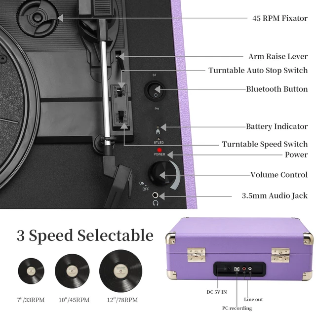 Alt view image 3 of 7 - Record Player 3 Speed Vinyl with Bluetooth Vintage Turntable Built in Battery Portable Suitcase Support Aux in RCA Line Out Headphone Jack Purple