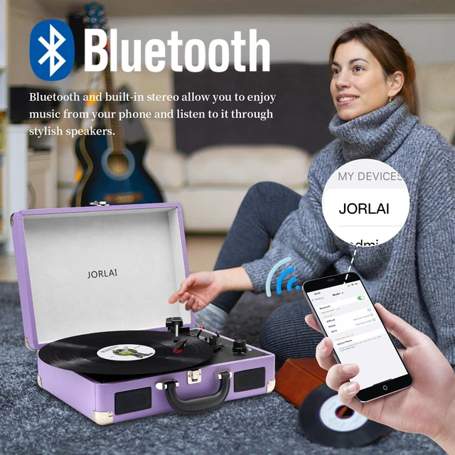 Alt view image 4 of 7 - Record Player 3 Speed Vinyl with Bluetooth Vintage Turntable Built in Battery Portable Suitcase Support Aux in RCA Line Out Headphone Jack Purple