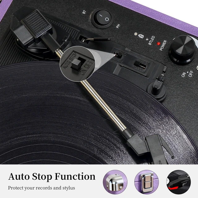 Alt view image 6 of 7 - Record Player 3 Speed Vinyl with Bluetooth Vintage Turntable Built in Battery Portable Suitcase Support Aux in RCA Line Out Headphone Jack Purple