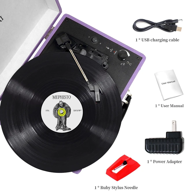 Alt view image 7 of 7 - Record Player 3 Speed Vinyl with Bluetooth Vintage Turntable Built in Battery Portable Suitcase Support Aux in RCA Line Out Headphone Jack Purple