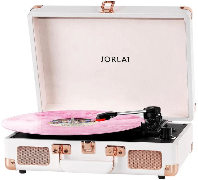 Main image of 3-Speed Vinyl Record Player Turntable Portable Suitcase with Bluetooth, Rechargeable Battery, Aux/RCA/Headphone Jacks, Compact Retro Design for Vinyl Lovers