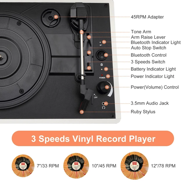Alt view image 2 of 7 - 3-Speed Vinyl Record Player Turntable Portable Suitcase with Bluetooth, Rechargeable Battery, Aux/RCA/Headphone Jacks, Compact Retro Design for Vinyl Lovers