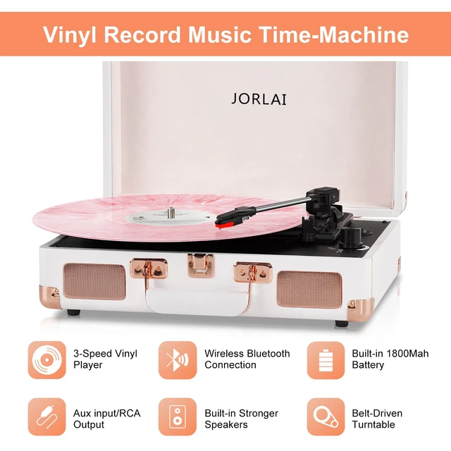 Alt view image 3 of 7 - 3-Speed Vinyl Record Player Turntable Portable Suitcase with Bluetooth, Rechargeable Battery, Aux/RCA/Headphone Jacks, Compact Retro Design for Vinyl Lovers