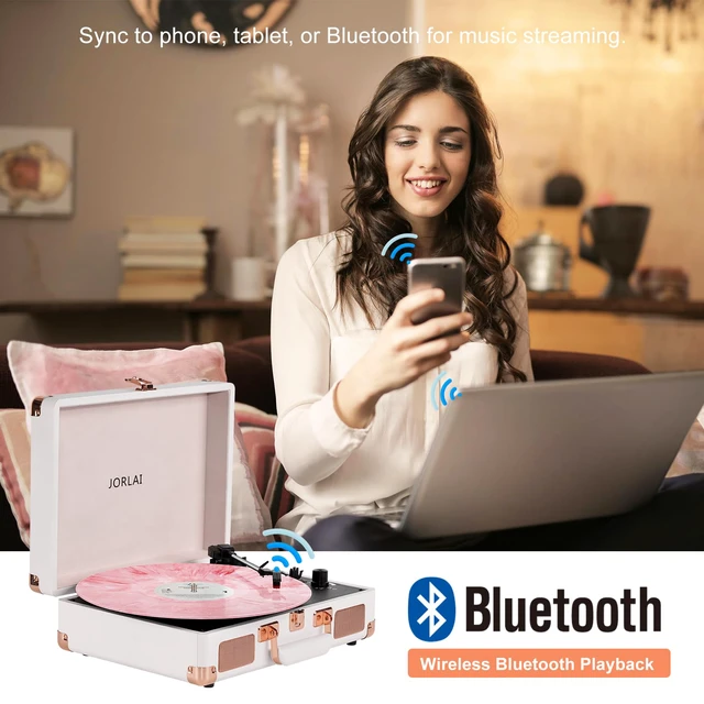 Alt view image 4 of 7 - 3-Speed Vinyl Record Player Turntable Portable Suitcase with Bluetooth, Rechargeable Battery, Aux/RCA/Headphone Jacks, Compact Retro Design for Vinyl Lovers