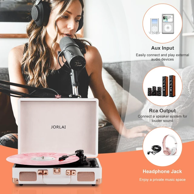 Alt view image 5 of 7 - 3-Speed Vinyl Record Player Turntable Portable Suitcase with Bluetooth, Rechargeable Battery, Aux/RCA/Headphone Jacks, Compact Retro Design for Vinyl Lovers