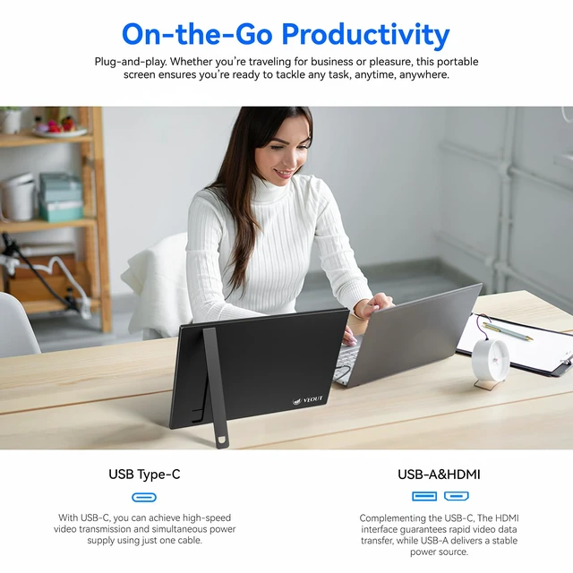 Alt view image 7 of 7 - 16" Portable Monitor for Laptop, 1920 * 1200P FHD IPS Travel External Screen, Dual USB-C & Mini-HDMI Blue Light Filter Eye Care Second Display with 4 Colors Kickstand, 0.3" Ultra-Slim