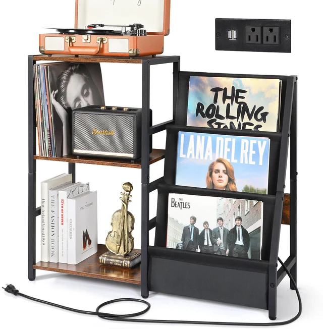 Main image of Record Player Stand with Power Outlet, Turntable Stand with 3-Tier Vinyl Record Storage, Record Player Table Up to 200 Albums, Records Shelf, Vinyl Record Holder Cabinet for Living Room