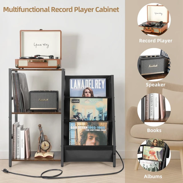Alt view image 2 of 7 - Record Player Stand with Power Outlet, Turntable Stand with 3-Tier Vinyl Record Storage, Record Player Table Up to 200 Albums, Records Shelf, Vinyl Record Holder Cabinet for Living Room