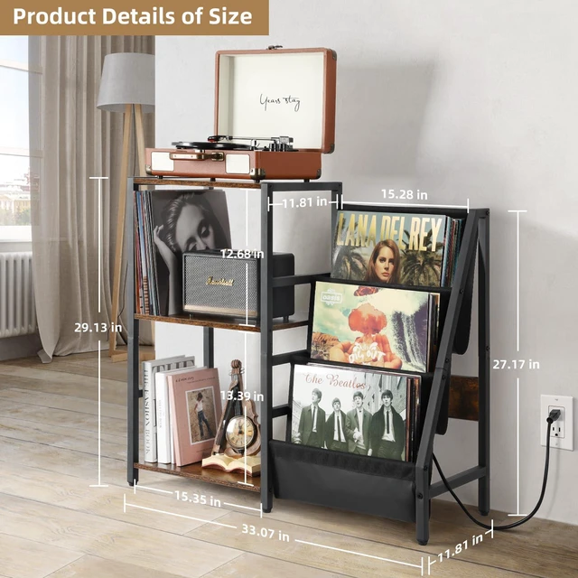 Alt view image 5 of 7 - Record Player Stand with Power Outlet, Turntable Stand with 3-Tier Vinyl Record Storage, Record Player Table Up to 200 Albums, Records Shelf, Vinyl Record Holder Cabinet for Living Room