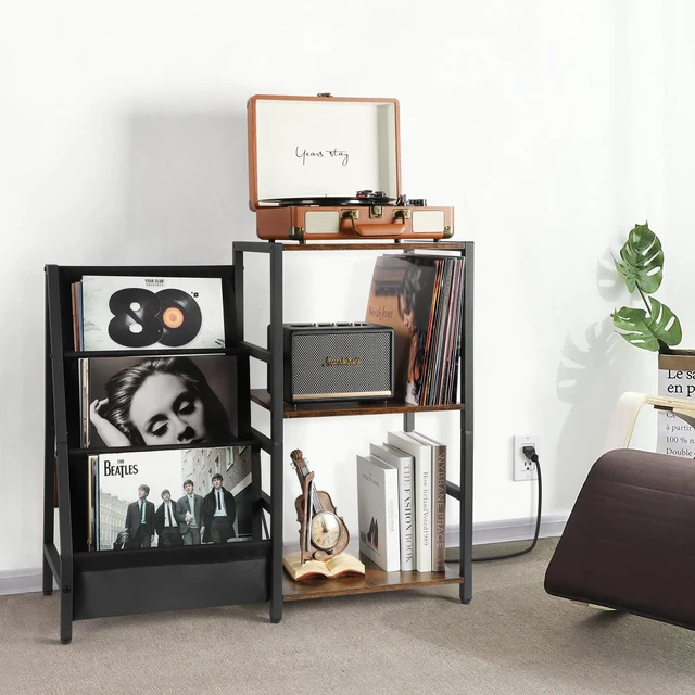 Alt view image 7 of 7 - Record Player Stand with Power Outlet, Turntable Stand with 3-Tier Vinyl Record Storage, Record Player Table Up to 200 Albums, Records Shelf, Vinyl Record Holder Cabinet for Living Room