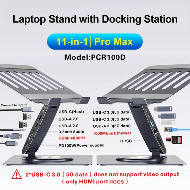 Alt view image 2 of 7 - Laptop Docking Station for MacBook Pro/Air/Dell/HP/Surface 11-in-1 USB C Hub 360°Rotatable Laptop Stand with USB Hub 4K HDMI USB 3.0 PD100W 3.5mm Audio Jack RJ 45 TF/SD Reader Universal Laptop Dock