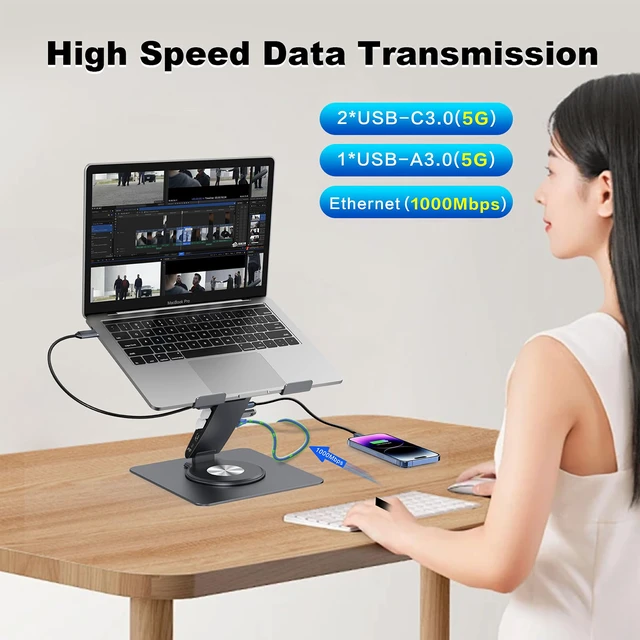 Alt view image 4 of 7 - Laptop Docking Station for MacBook Pro/Air/Dell/HP/Surface 11-in-1 USB C Hub 360°Rotatable Laptop Stand with USB Hub 4K HDMI USB 3.0 PD100W 3.5mm Audio Jack RJ 45 TF/SD Reader Universal Laptop Dock
