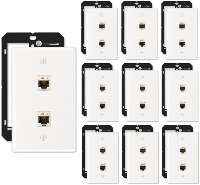 Main image of 10-Pack Shielded Cat7 Ethernet Wall Plate, 2-Port Keystone 10Gbit/s, 2-Port Keystone Wall Plate with Bracket + Cat7 Shielded RJ45 Coupler, Female to Female RJ45 Cat7 Wall Plate, PoE
