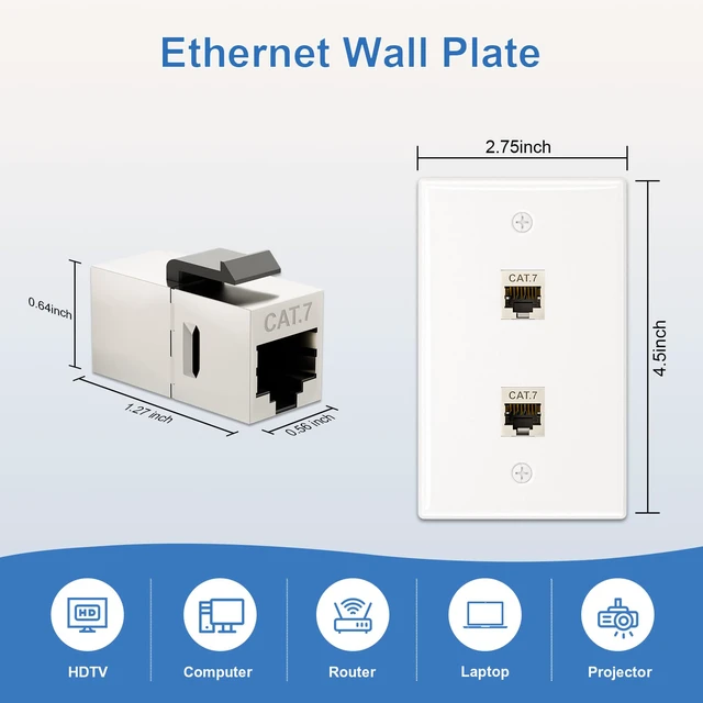Alt view image 2 of 7 - 10-Pack Shielded Cat7 Ethernet Wall Plate, 2-Port Keystone 10Gbit/s, 2-Port Keystone Wall Plate with Bracket + Cat7 Shielded RJ45 Coupler, Female to Female RJ45 Cat7 Wall Plate, PoE