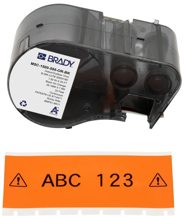 Main image of Authentic (M5C-1500-595-OR-BK) All-Weather Vinyl Labels 1.5 in W x 25ft Black on Orange. for use with BMP51, M510, and M511 Label Printers